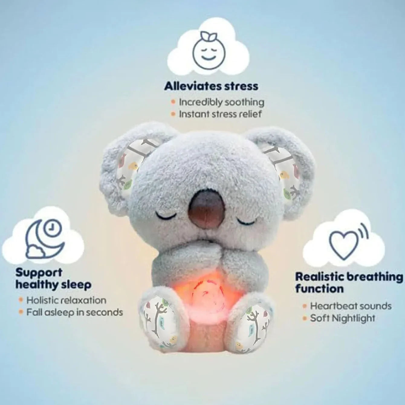Cuddly Koala Plush Sleep Aid with Soft Glow Night Light Calming Music and Simulated Breathing Comforting Bedtime Comfort Toys
